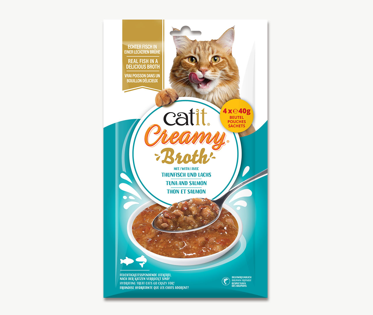 Catit Creamy Broth cat treat packaging featuring tuna and salmon flavor