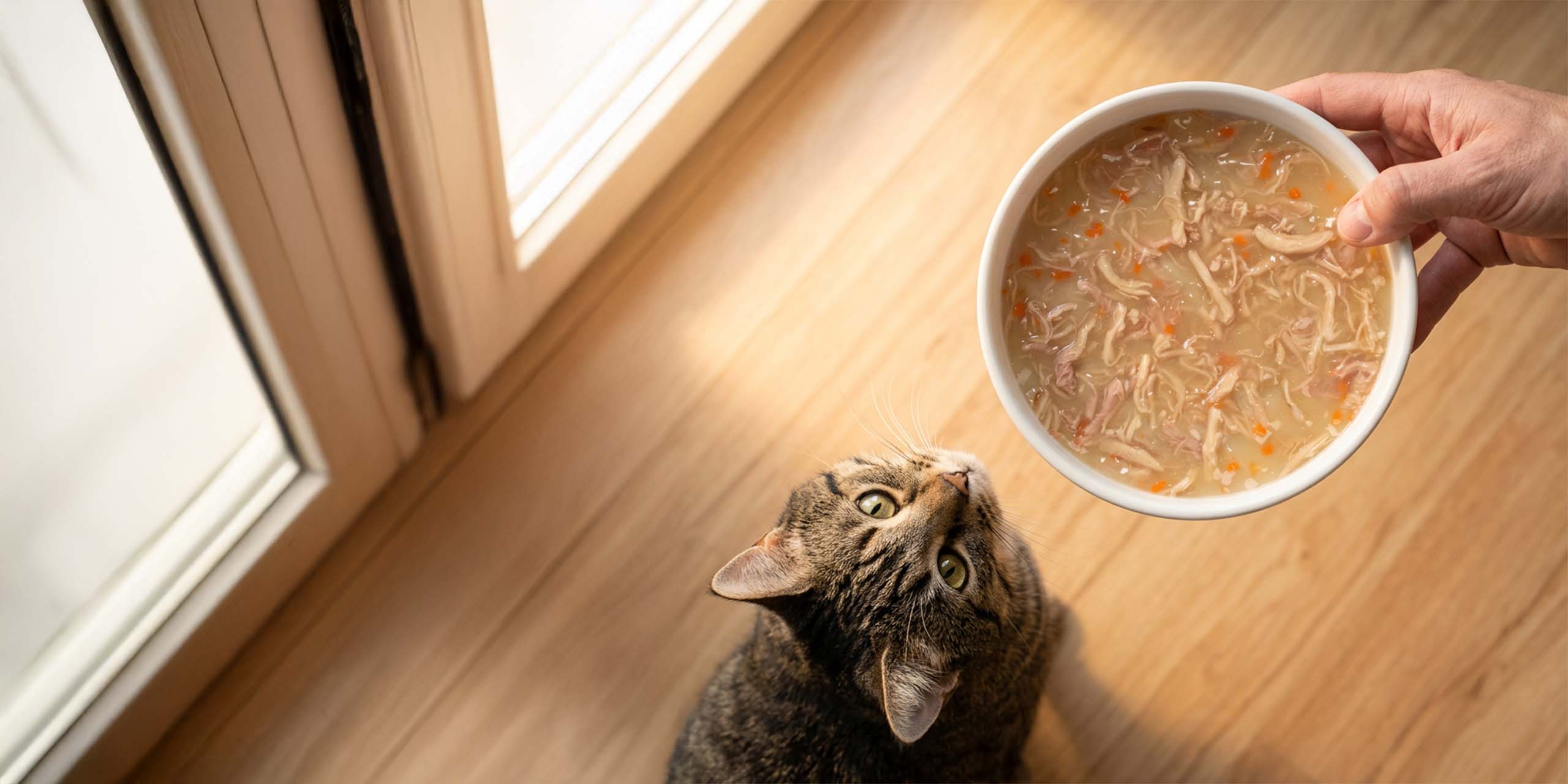 A person holding a bowl of Catit Creamy broth for a tabby cat looking up at it