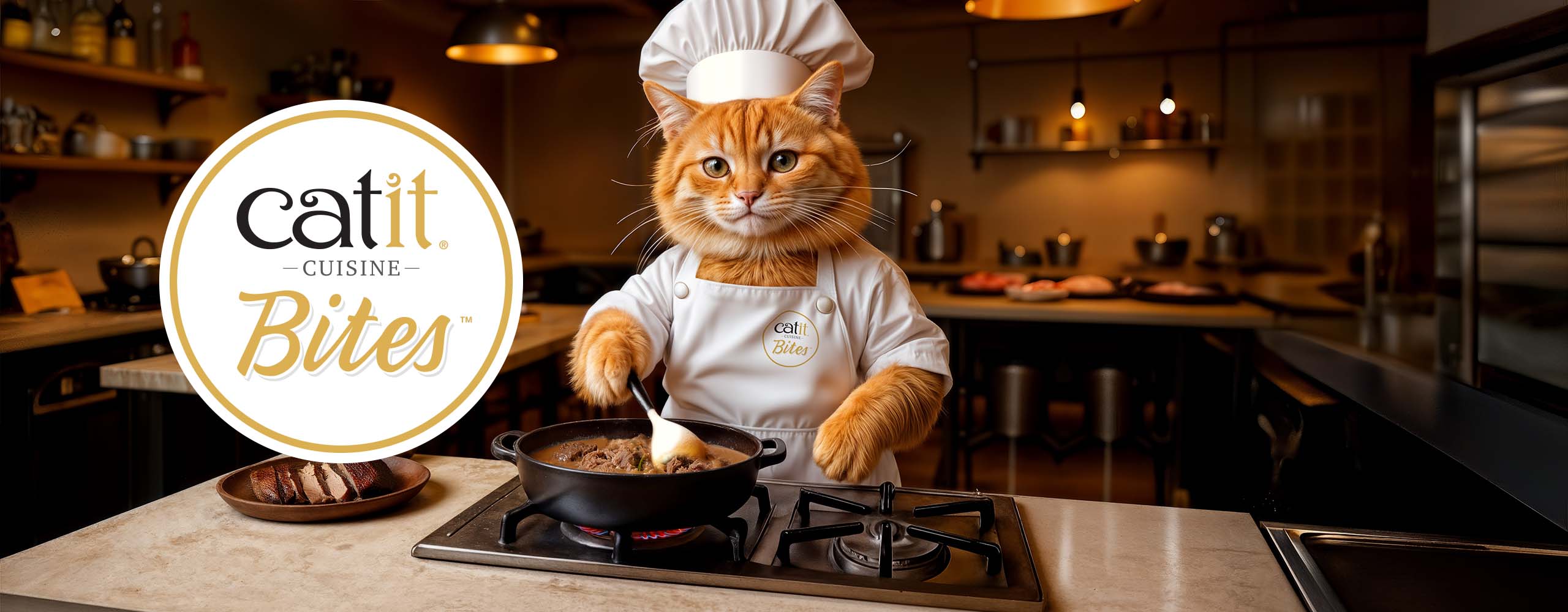 An orange cat wearing a chef's hat and apron stirs a pan on a stove, promoting Catit Cuisine Bites