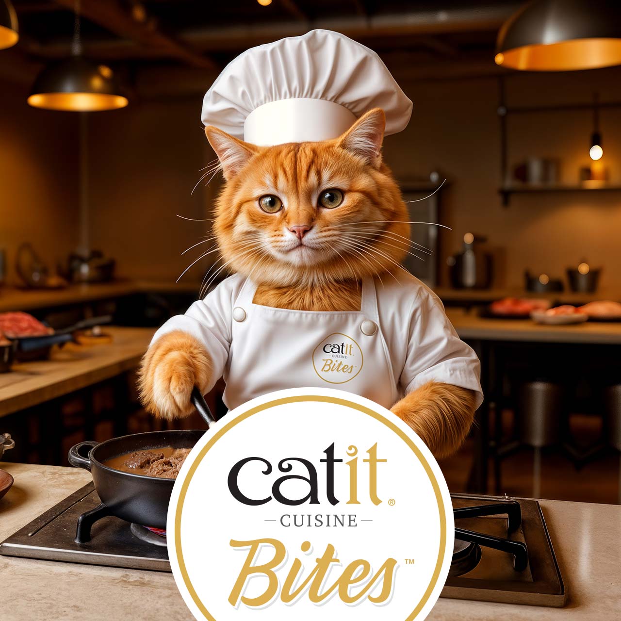 An orange cat wearing a chef hat and uniform stirs a pan in a kitchen, promoting Catit Cuisine Bites