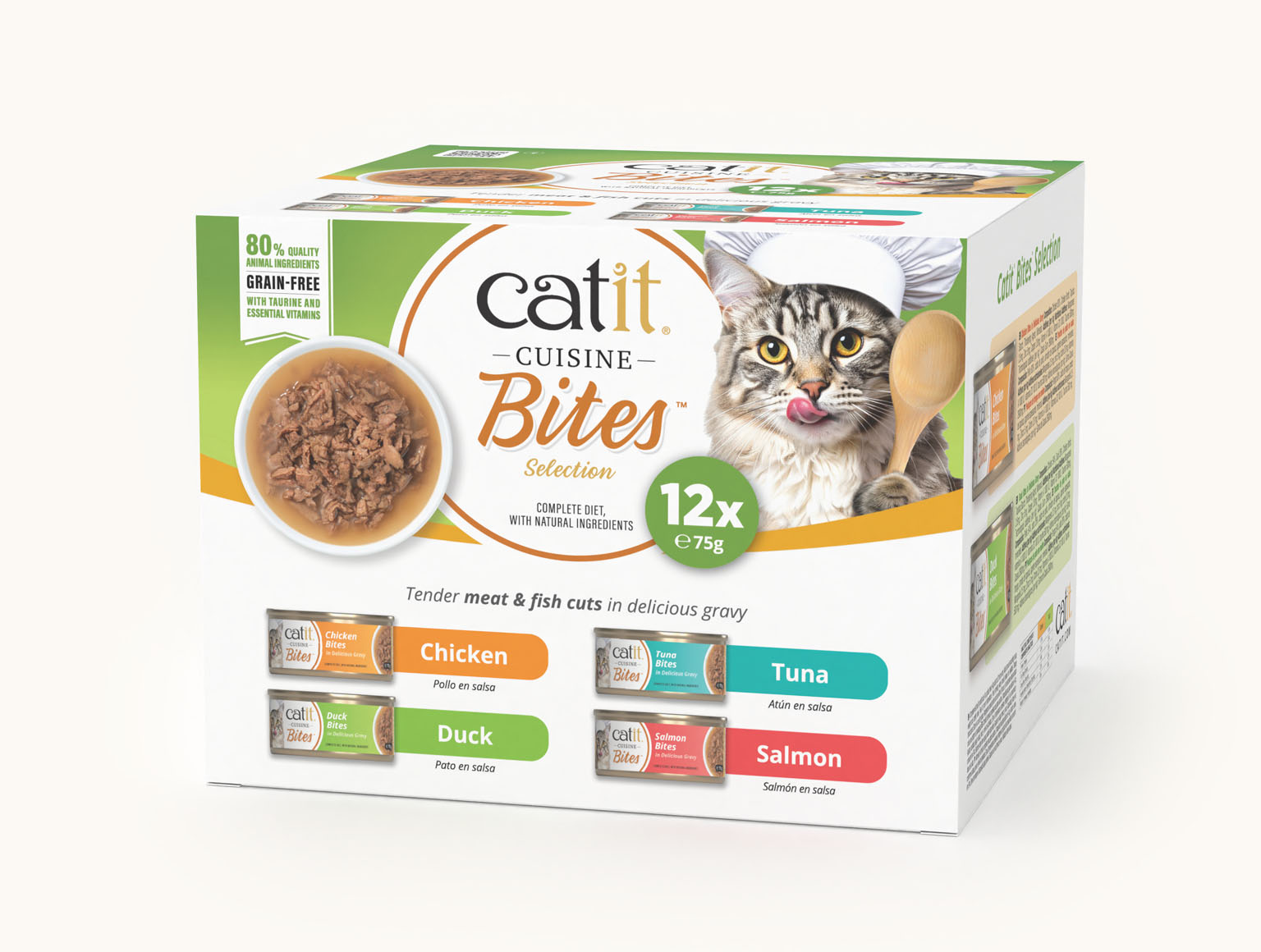 Catit Cuisine Bites cat food multipack containing 12 cans of chicken, tuna, duck, and salmon in gravy