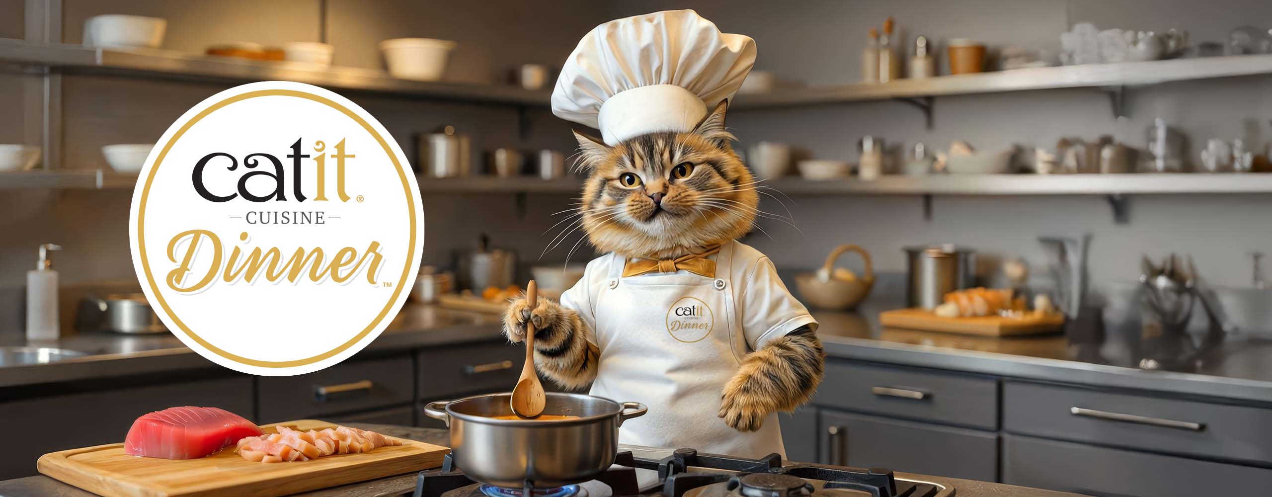 A cat wearing a chef hat and apron stirs a pot on a stove in a kitchen, promoting Catit Cuisine Dinner