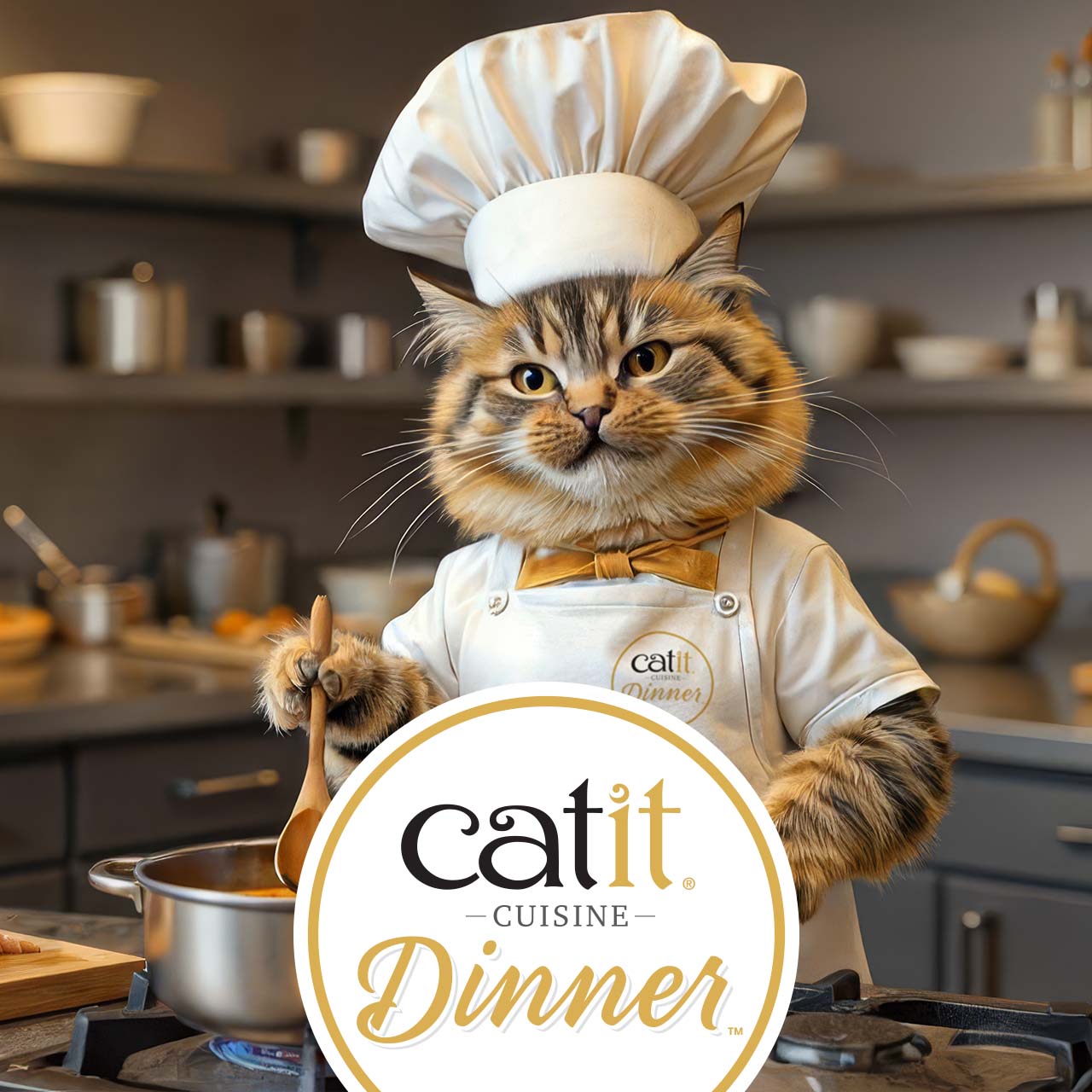 A fluffy cat wearing a chef hat and apron stirs a pot in a kitchen, promoting Catit Cuisine Dinner