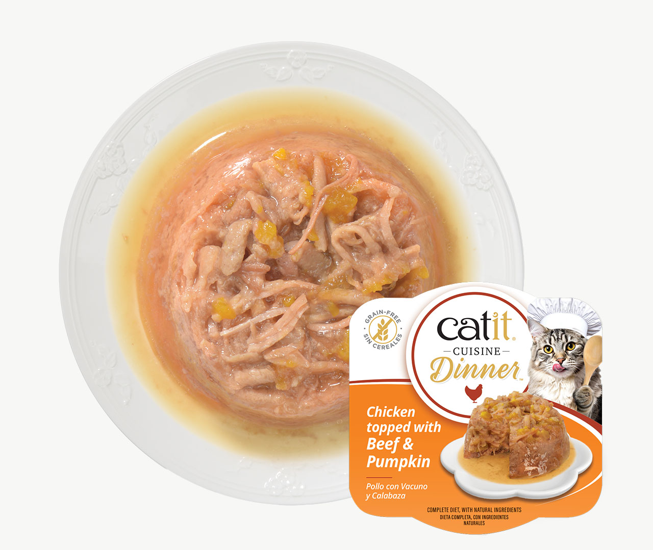 Catit Cuisine Dinner wet cat food featuring shredded chicken topped with beef and pumpkin on a white plate