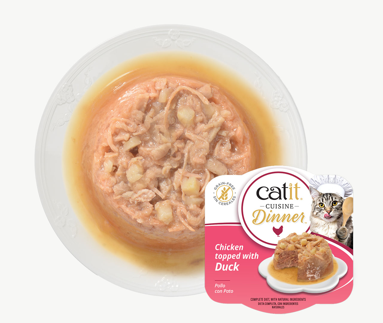 Catit Cuisine Dinner wet cat food featuring chicken topped with duck in a savory broth