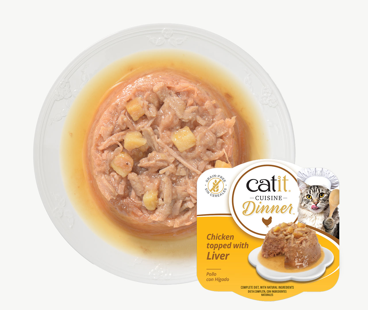 Catit Cuisine Dinner chicken topped with liver wet cat food in a bowl with product packaging next to it