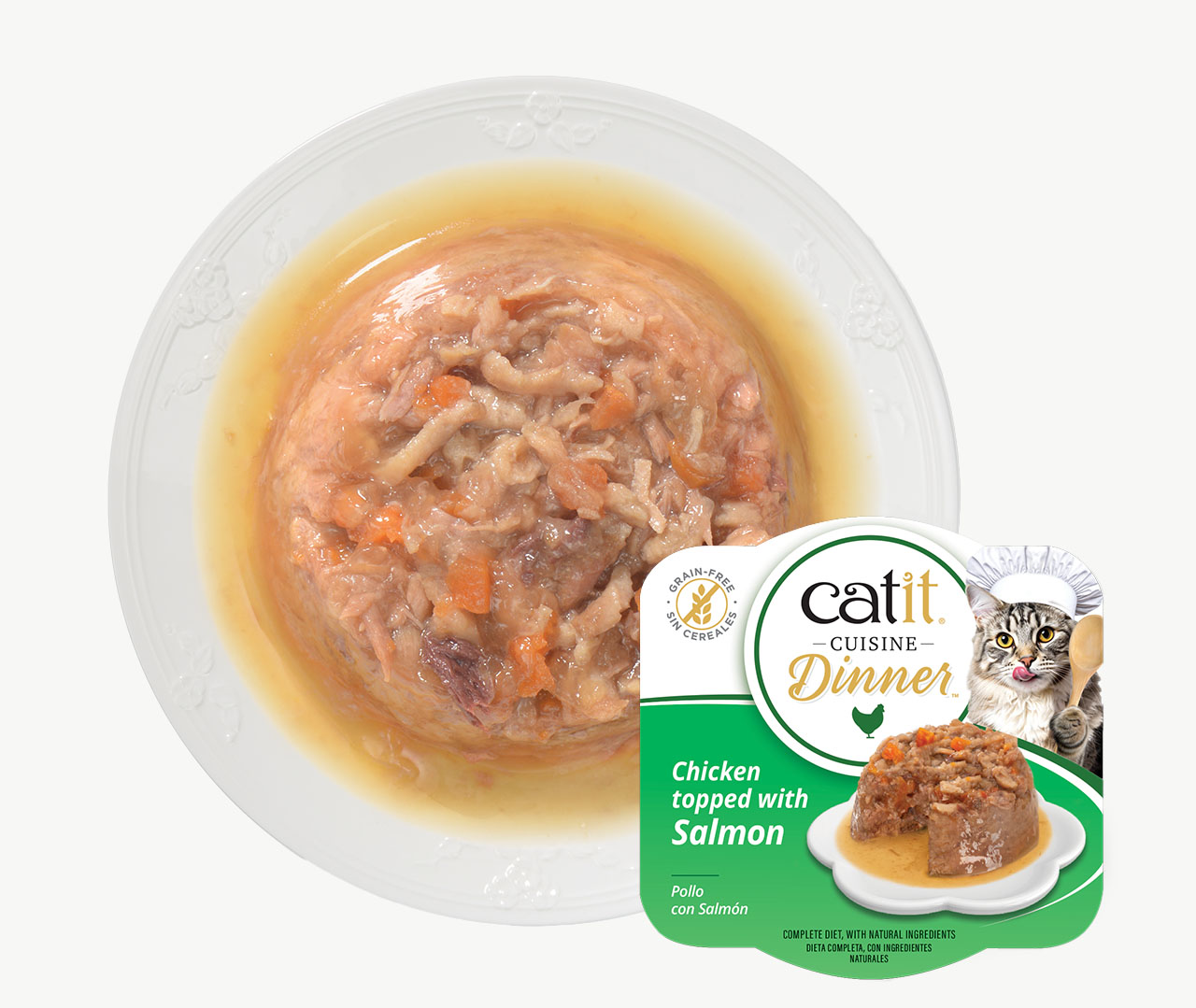 Catit Cuisine Dinner wet cat food in a bowl, featuring chicken topped with salmon in a grain-free gravy