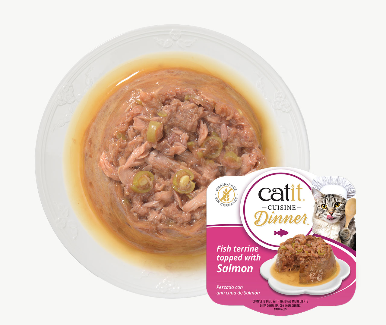Catit Cuisine Dinner fish terrine topped with salmon in a bowl with product packaging next to it