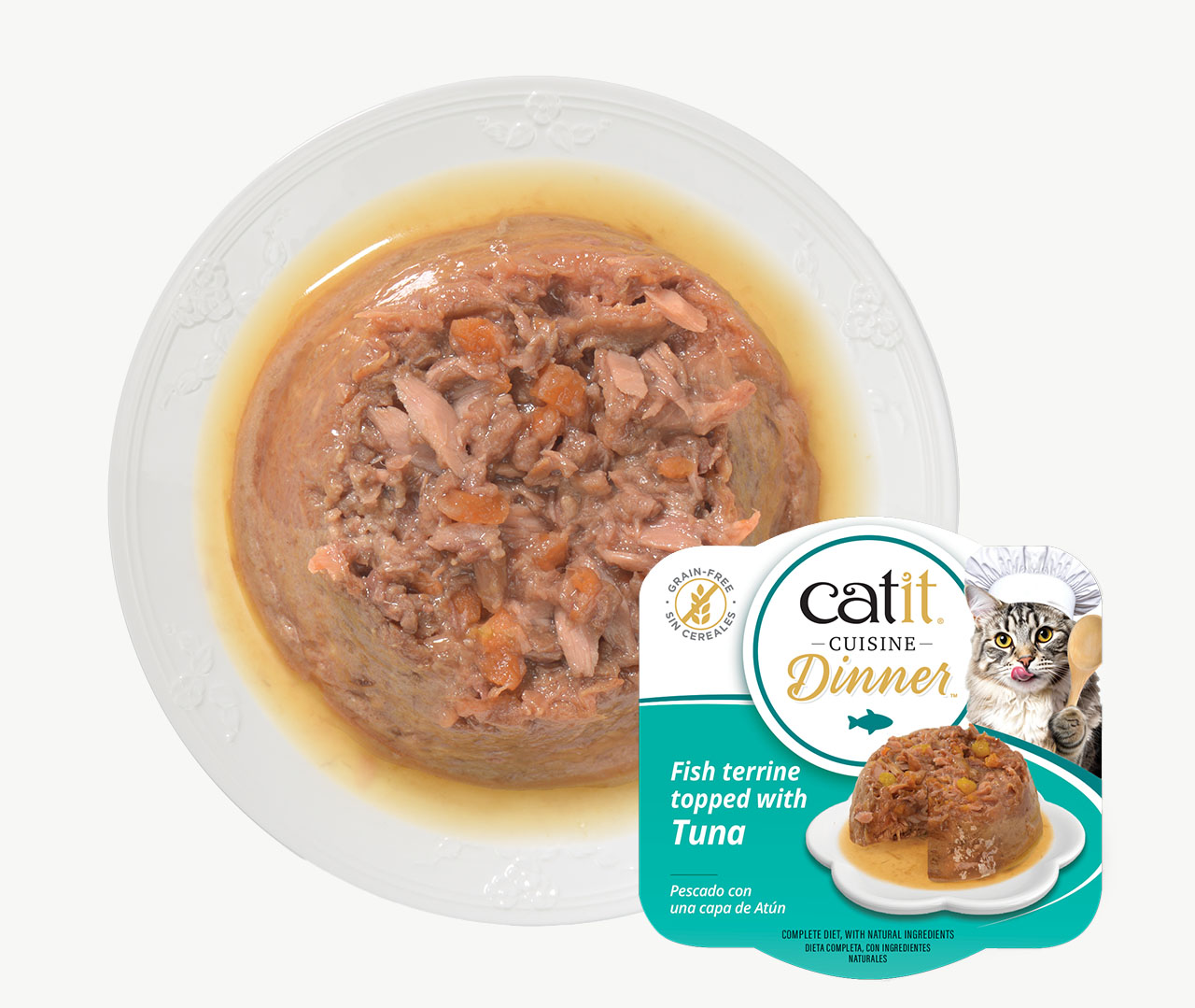 Catit Cuisine Dinner fish terrine topped with tuna cat food on a white plate with product packaging