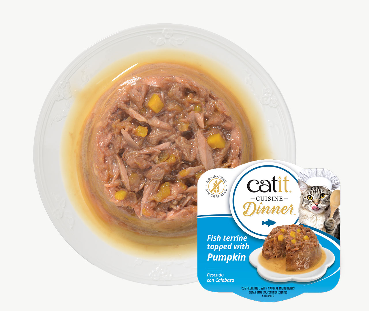 Catit Cuisine Dinner fish terrine with pumpkin cat food on a plate with product packaging