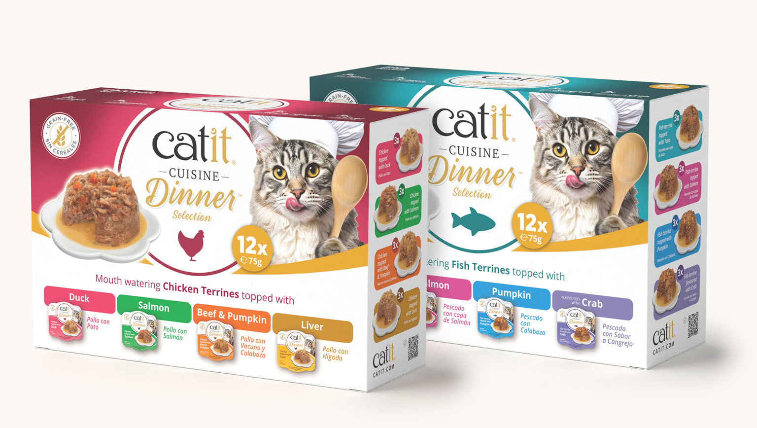 Two multipacks of Catit Cuisine Dinner wet cat food, featuring Chicken and Fish terrine varieties