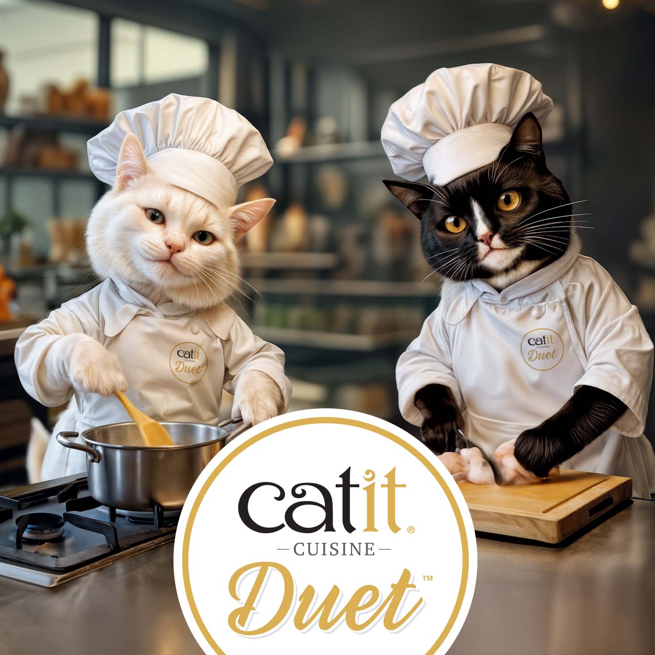 Two cats dressed as chefs in a kitchen, one stirring a pot and the other preparing food, with the Catit Cuisine Duet logo