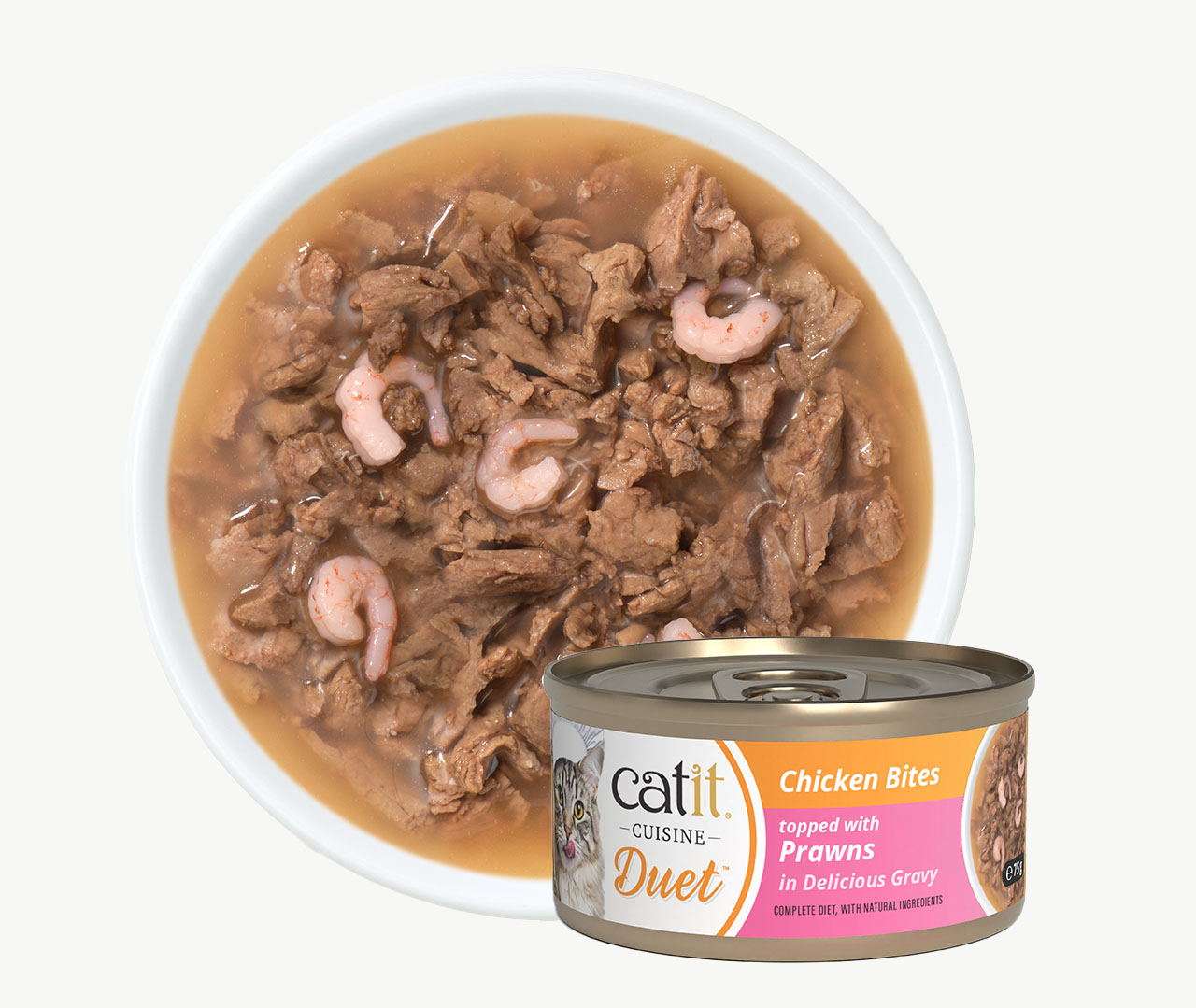 Catit Cuisine Duet wet cat food, featuring chicken bites topped with prawns in gravy, shown in a bowl with its packaging