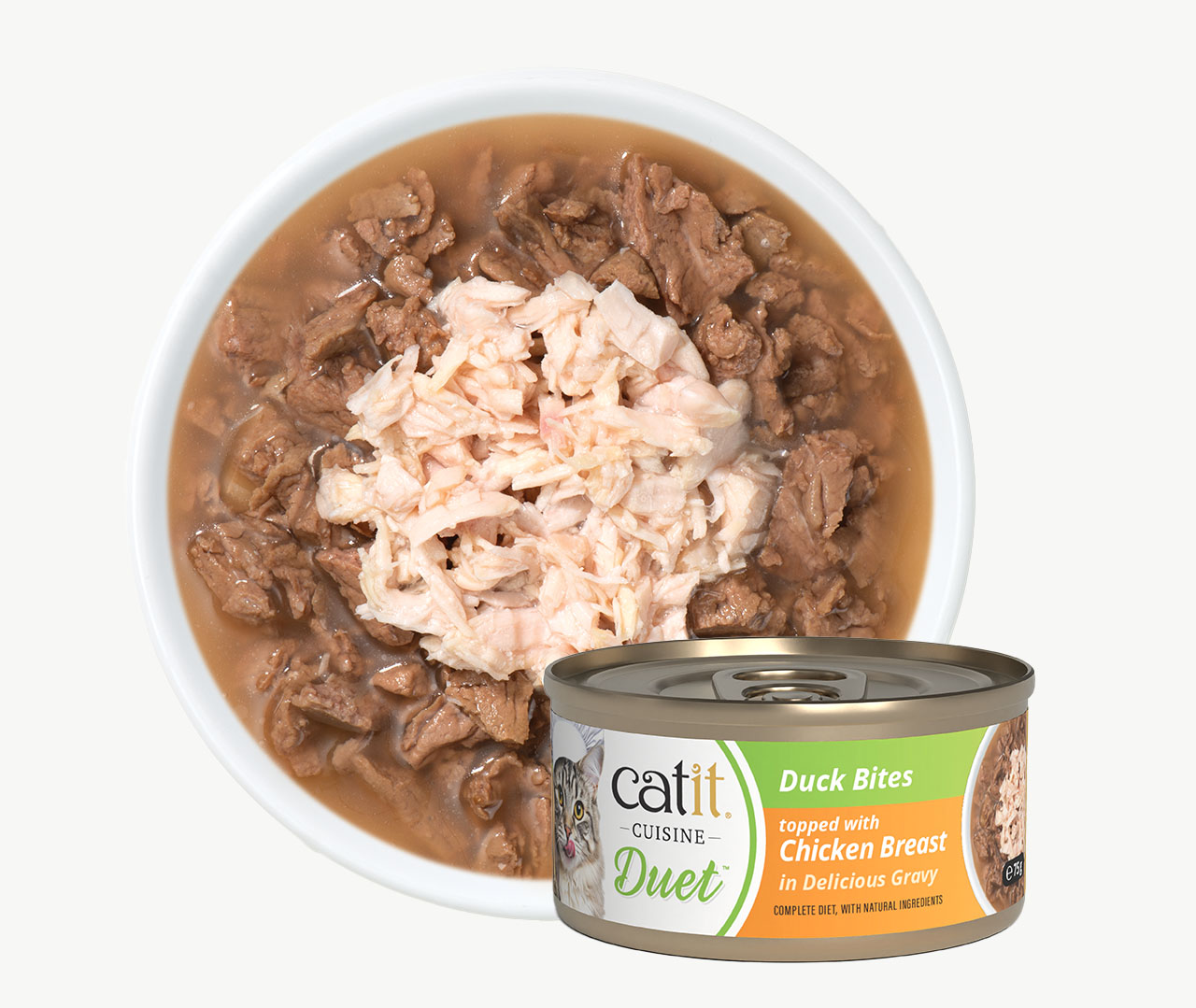 A bowl of Catit Cuisine Duet wet cat food featuring duck bites topped with shredded chicken breast in gravy