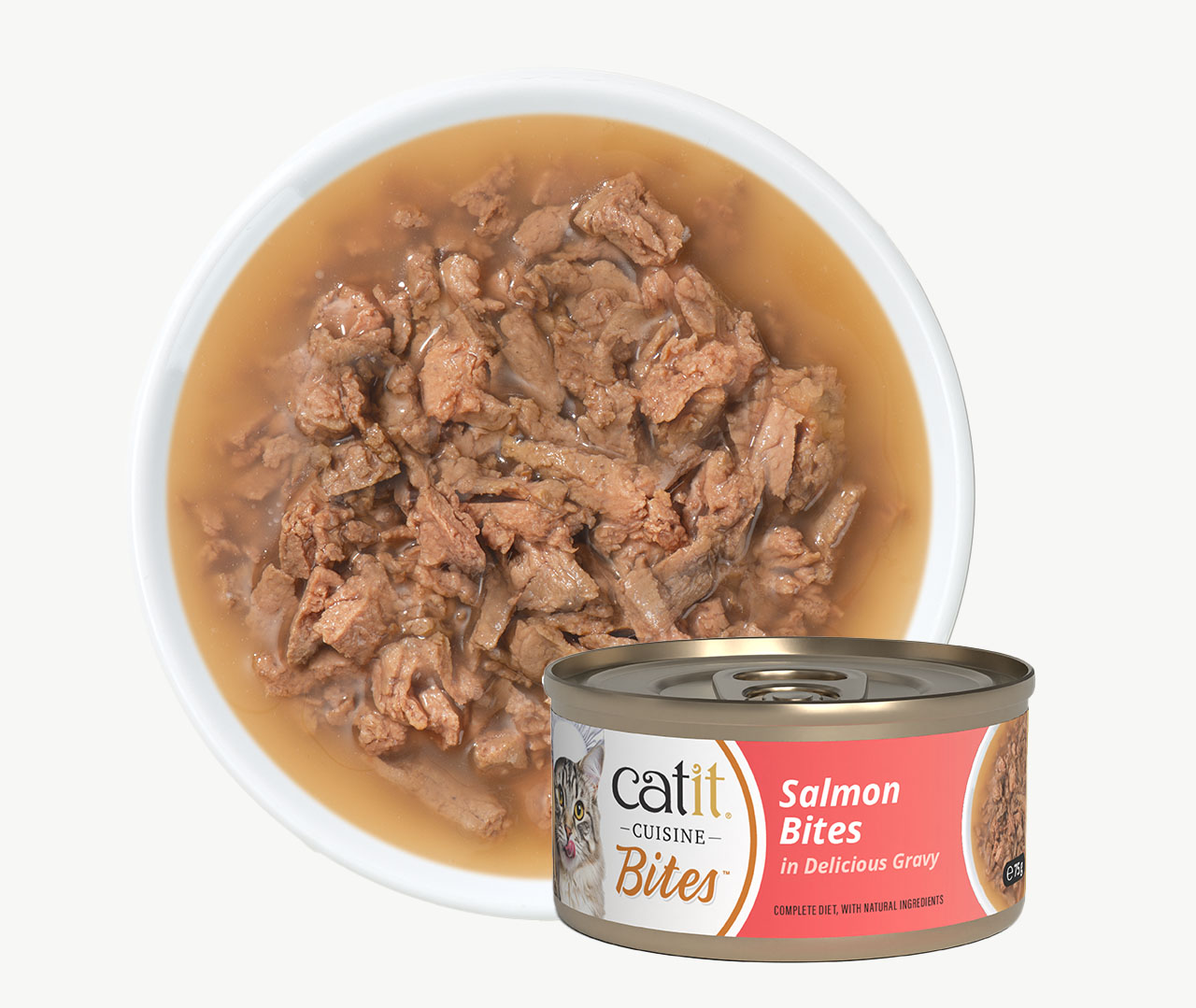 A bowl of wet cat food served with a can of Catit Cuisine Salmon Bites in Delicious Gravy