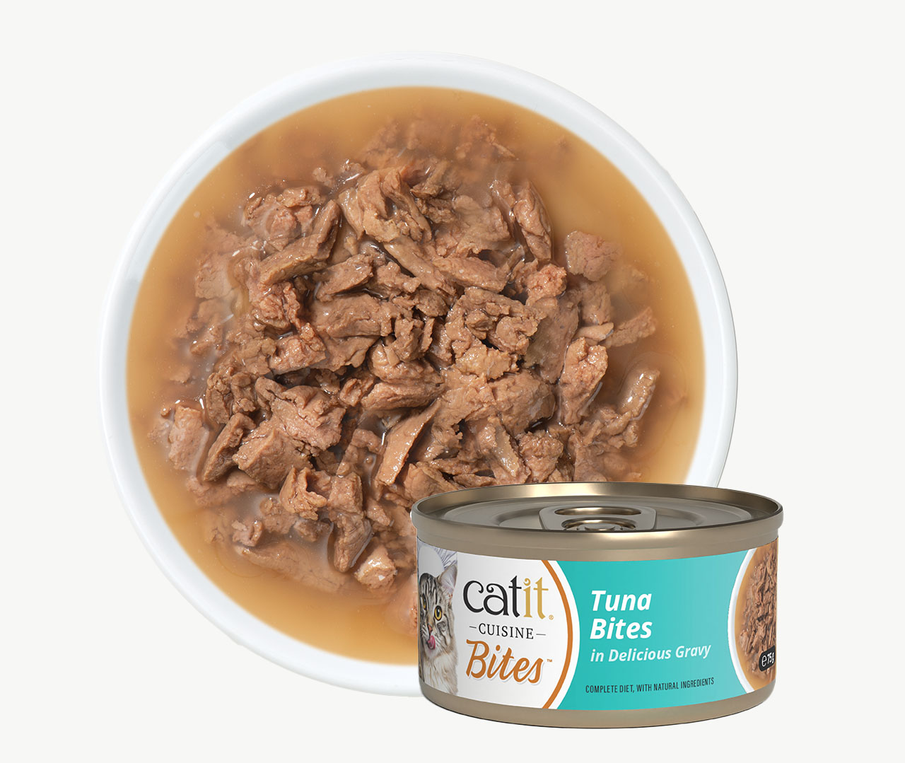 A bowl of wet cat food served with a can of Catit Cuisine Tuna Bites in Delicious Gravy