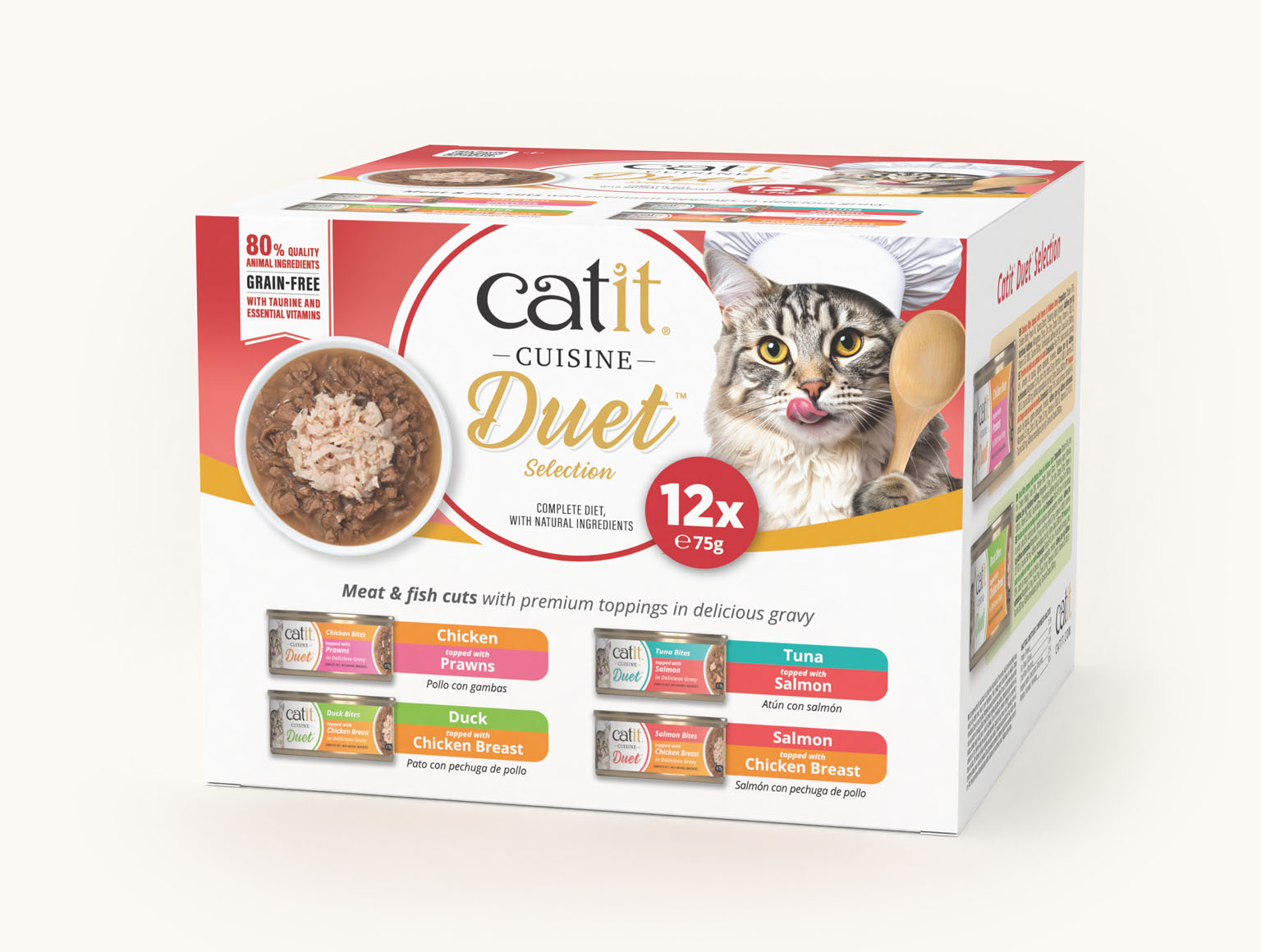 Catit Cuisine Duet cat food multipack featuring four varieties of meat and fish cuts in gravy