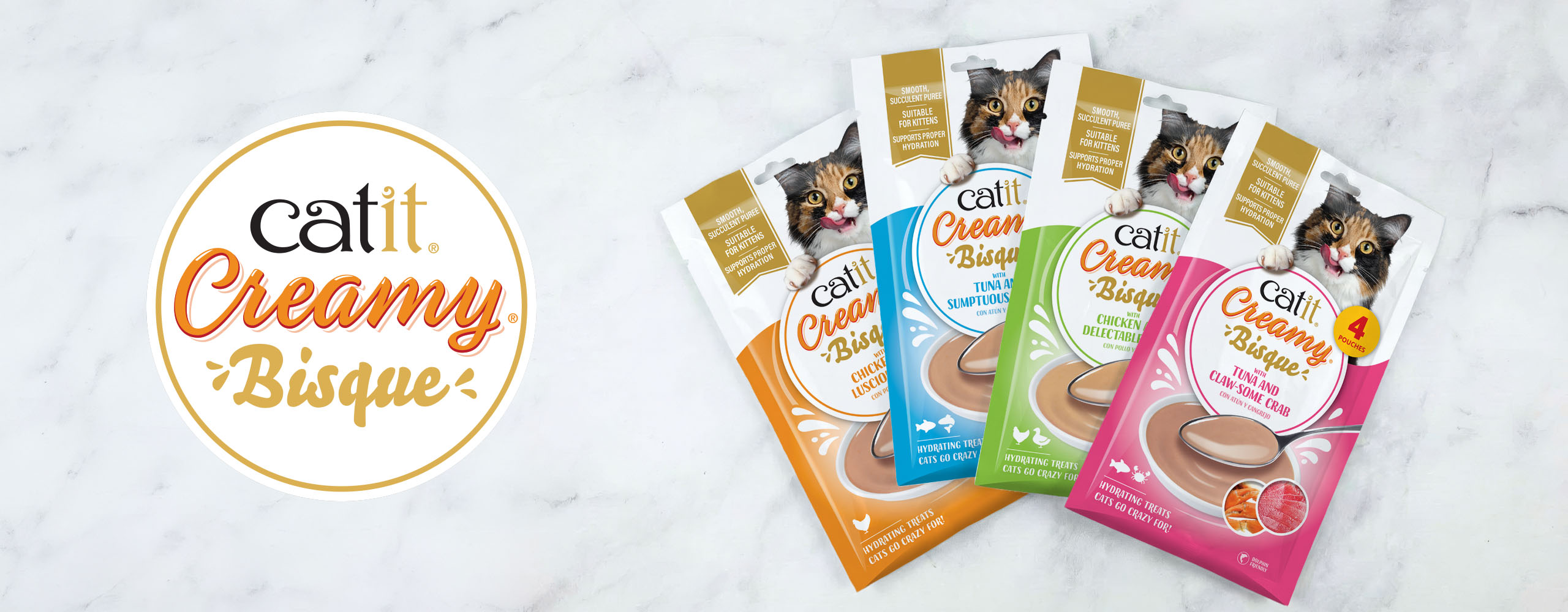 Catit Creamy Bisque cat treat pouches in four flavors: chicken, tuna, chicken and tuna, and tuna and crab