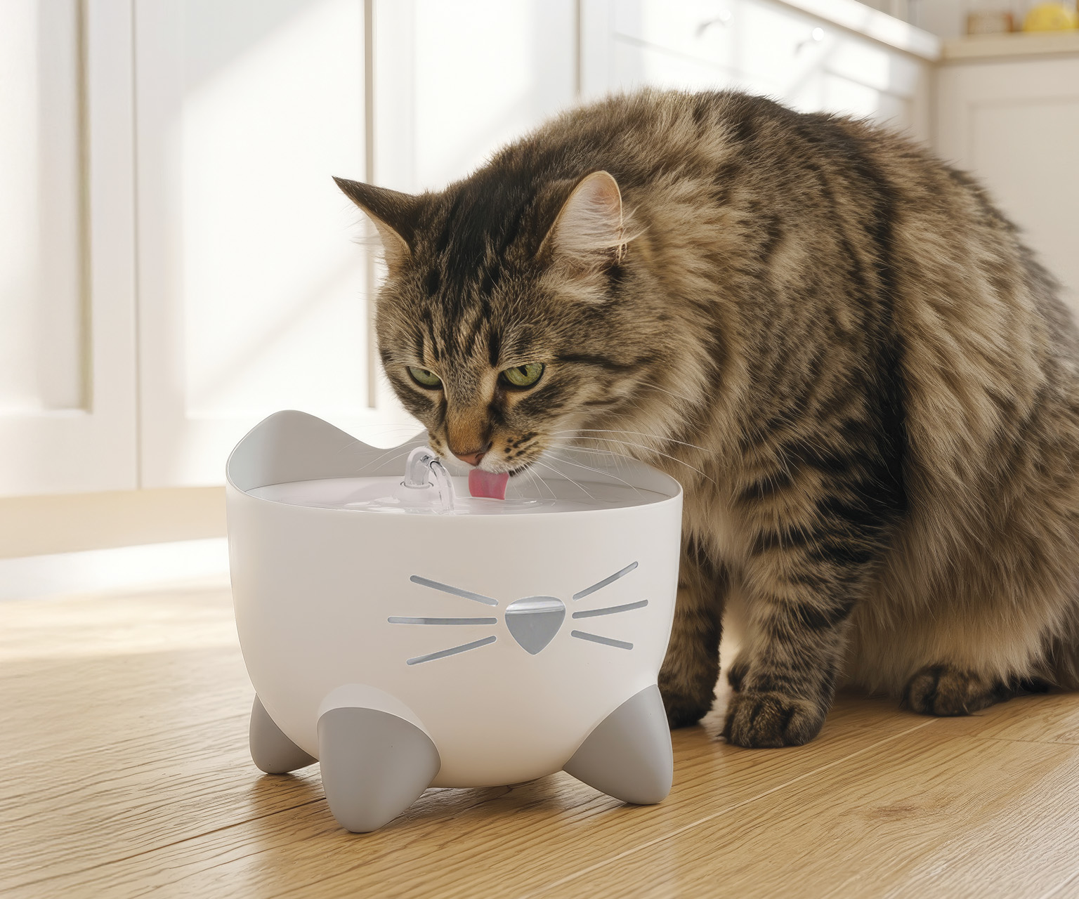 A long-haired tabby cat drinking from a white PIXI cat water fountain shaped like a cat head on a wooden floor