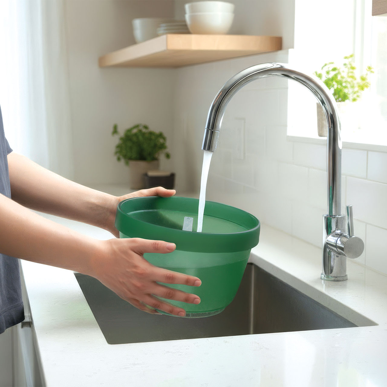 A person rinsing a green Catit PIXI fountain bowl under a kitchen faucet