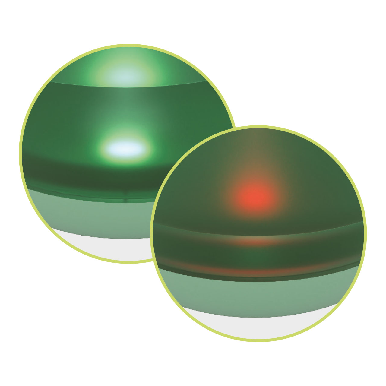 Two circular close-ups of a Catit PIXI fountain nightlight, showing it glowing green and red