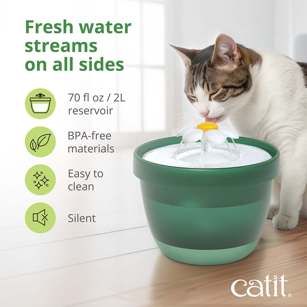 Catit flower fountain with a 2L reservoir, BPA-free materials, easy-to-clean design, and silent operation for cats