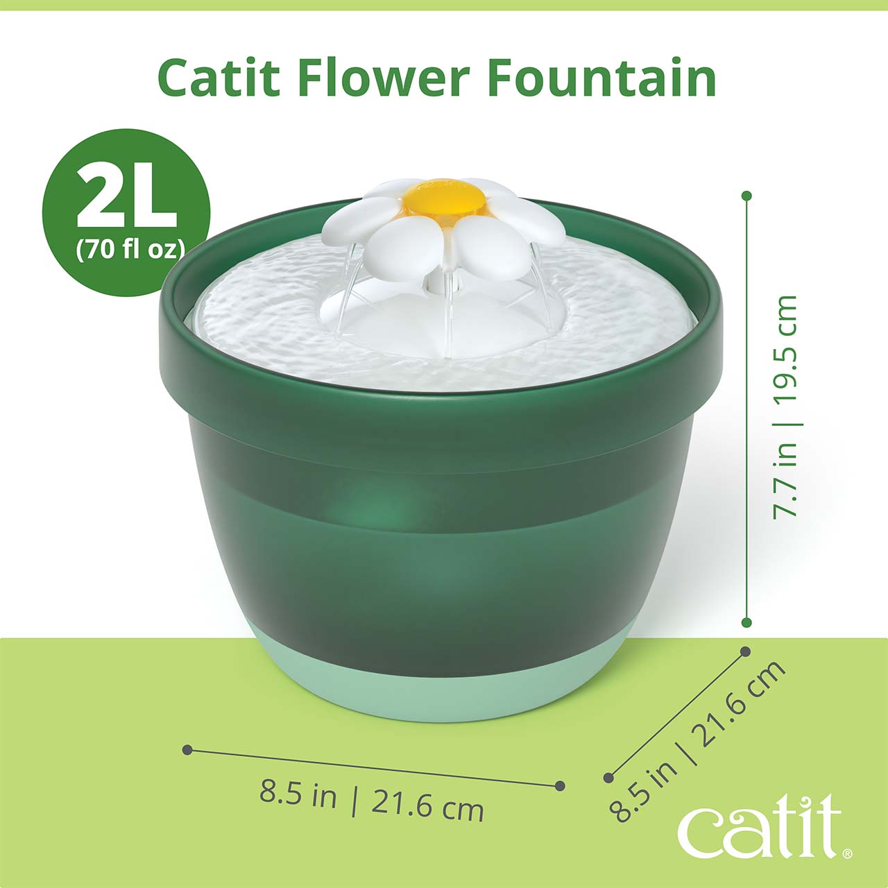 Catit Flower Fountain with 2L capacity and dimensions of 7.7 inches high by 8.5 inches wide