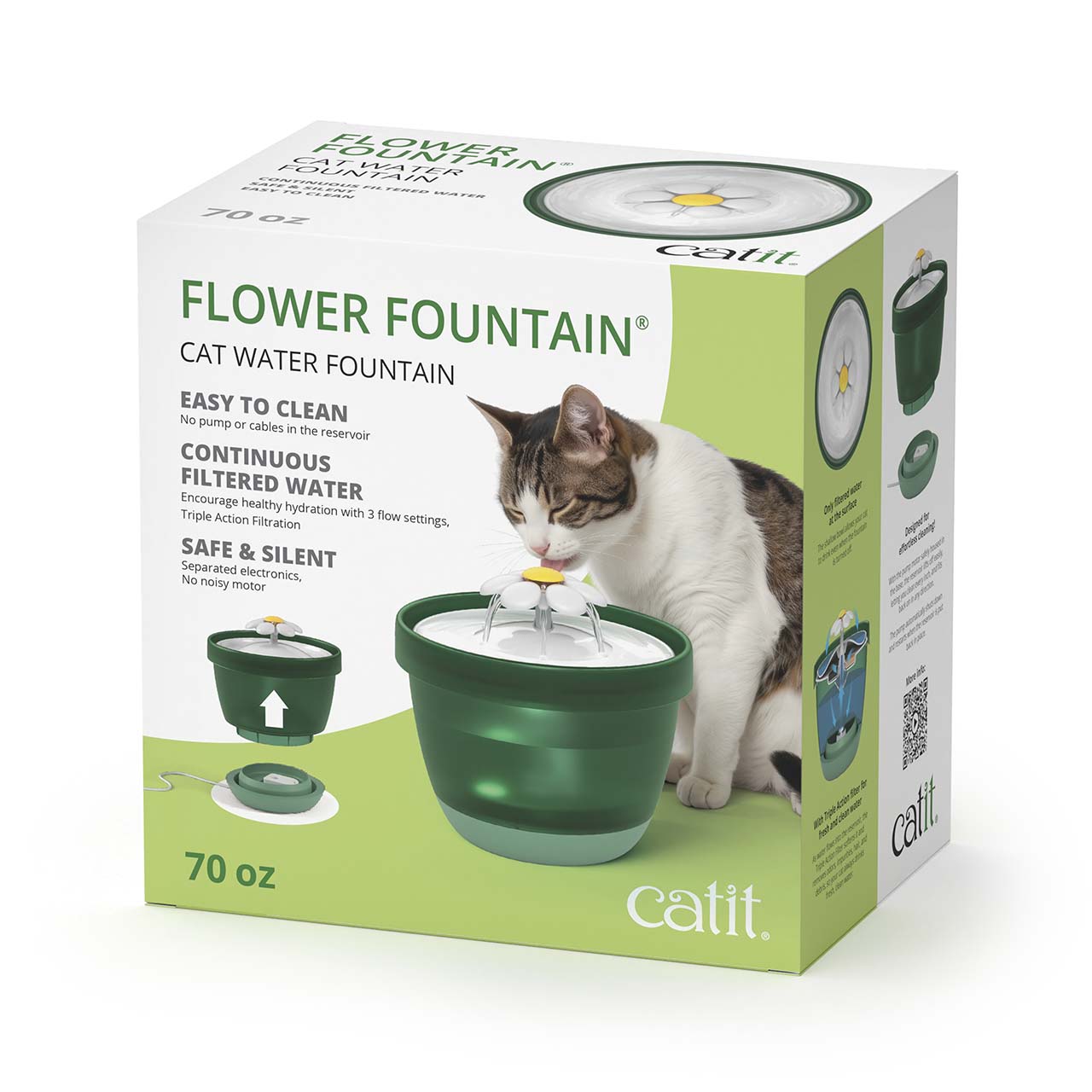 Catit Flower Fountain packaging featuring a cat drinking from the 70 oz water fountain with triple action filtration