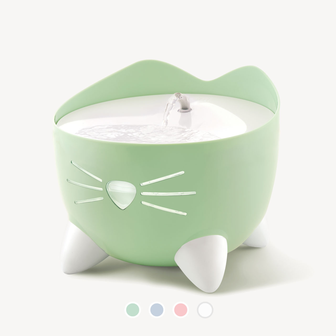 Catit PIXI drinking fountain in mint green with a cat-shaped design and four color options shown below
