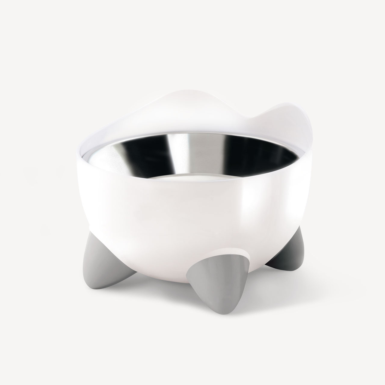 Catit PIXI elevated feeding dish with a white bowl, stainless steel insert, and three grey feet