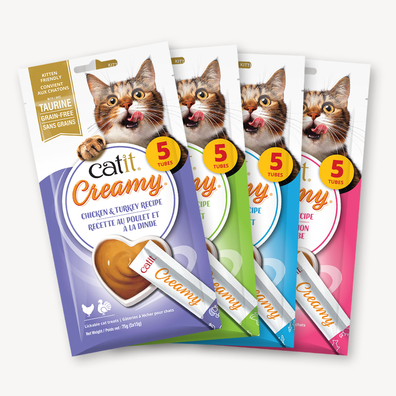 Four packages of Catit Creamy lickable cat treats in various flavors, each containing five tubes