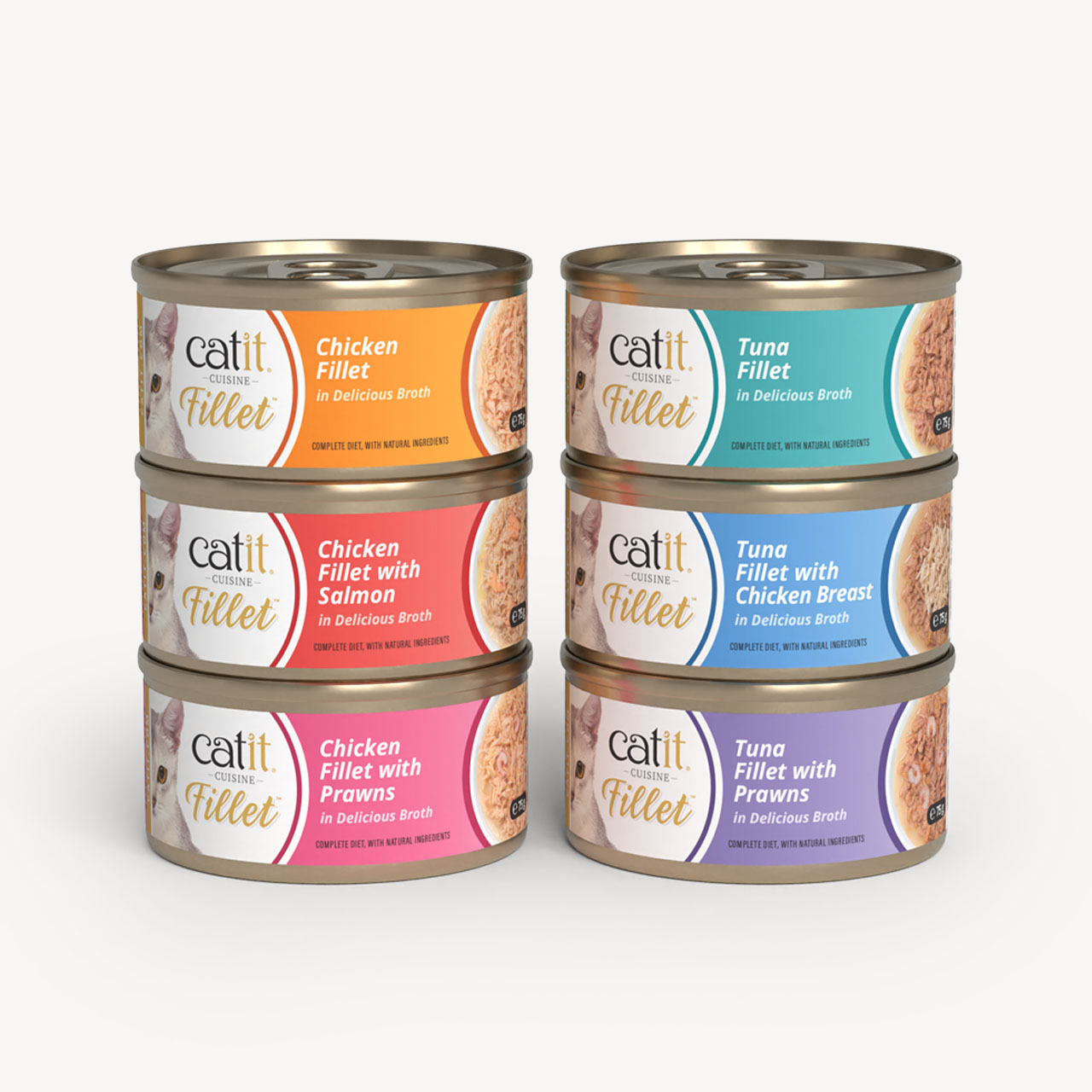 Six cans of Catit Cuisine Fillet cat food stacked in two columns, showing various chicken and tuna flavor varieties
