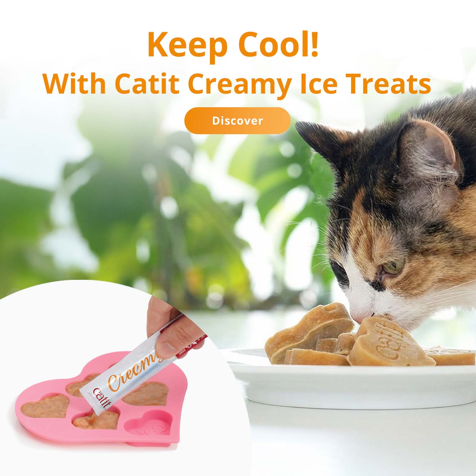 A calico cat eating heart-shaped frozen treats from a plate, with an inset showing a hand squeezing a Catit Creamy treat into a heart-shaped silicone mold