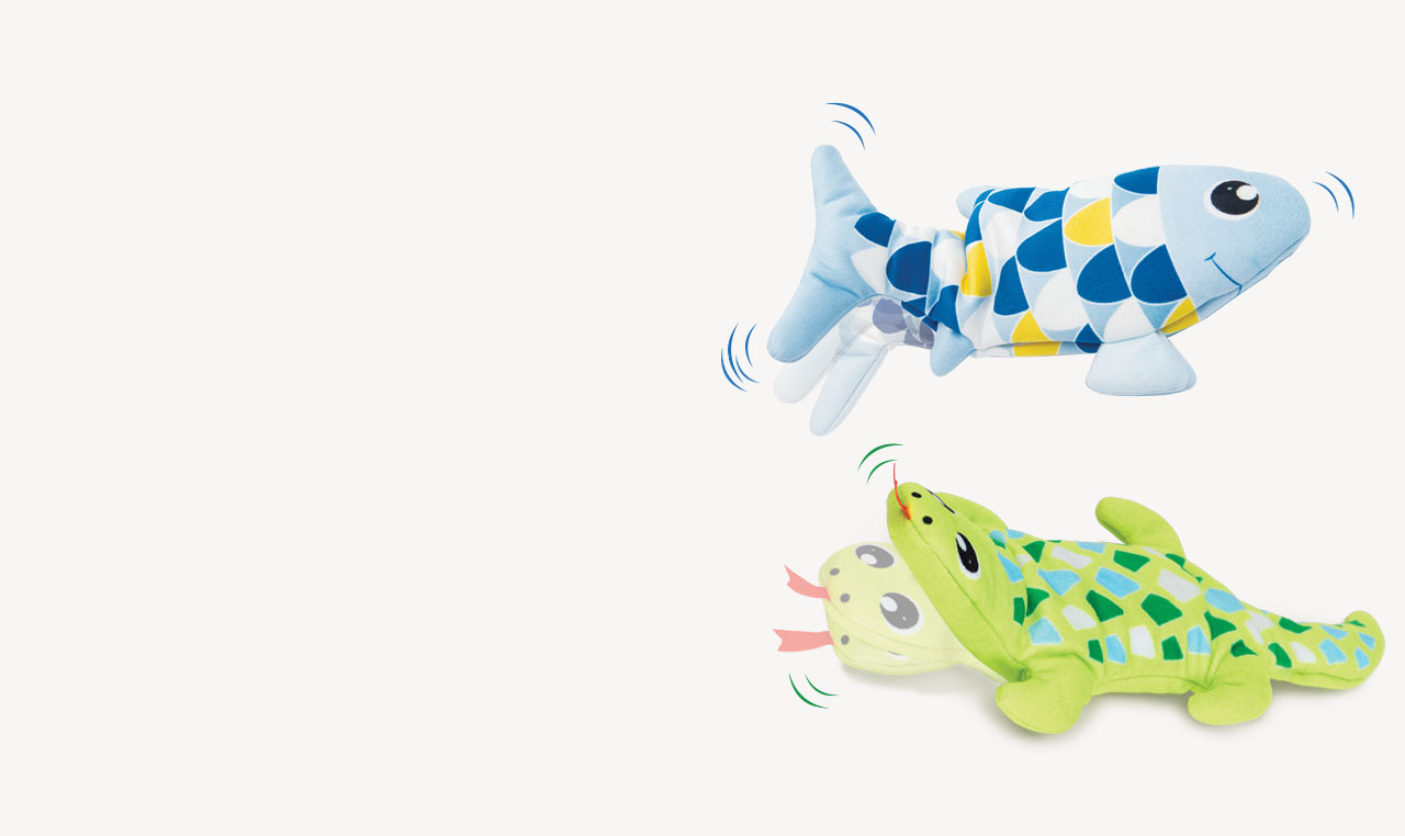 Two plush cat toys, a blue fish and a green lizard, shown in motion against a white background