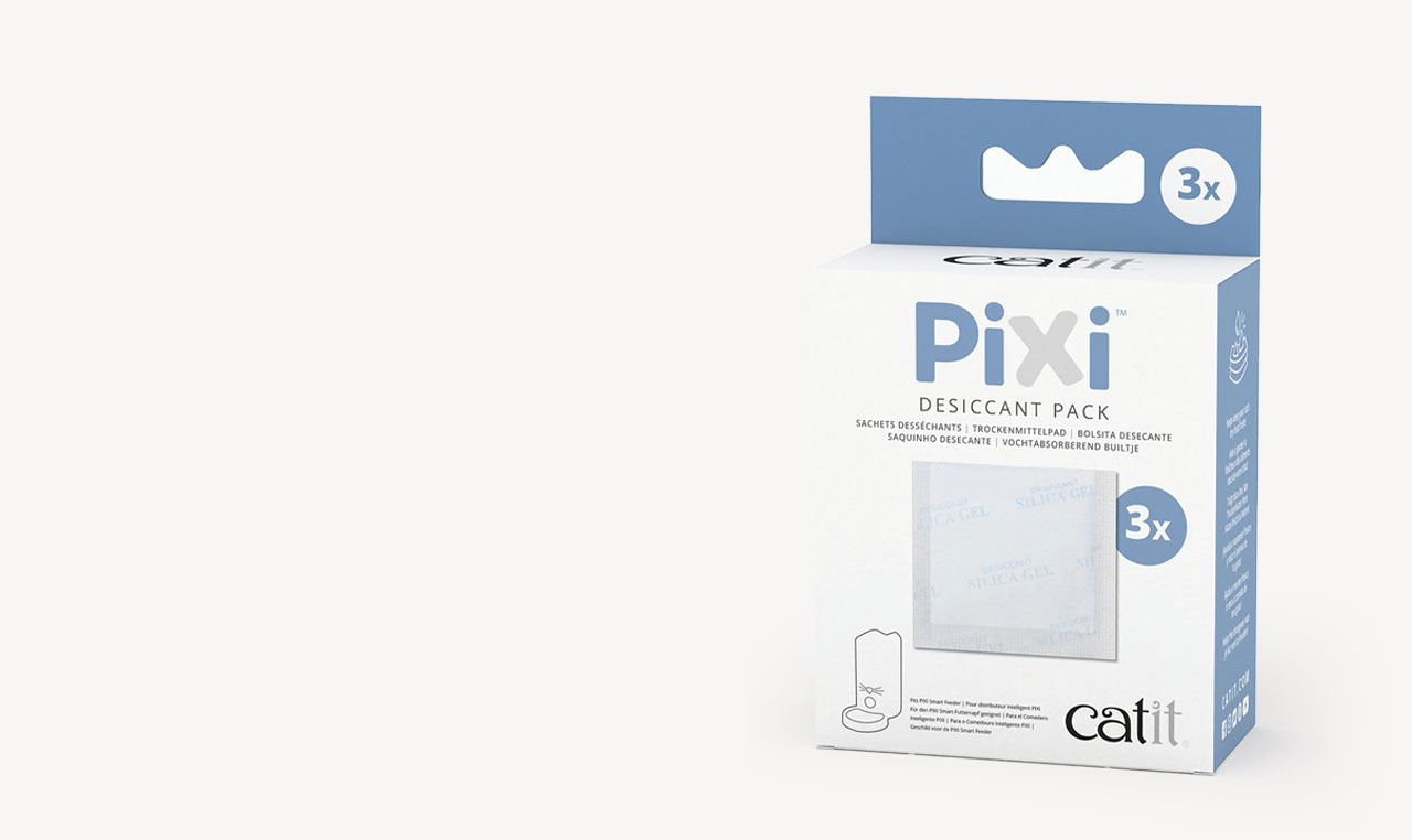 Catit PIXI desiccant pack packaging containing three silica gel sachets for PIXI smart feeders