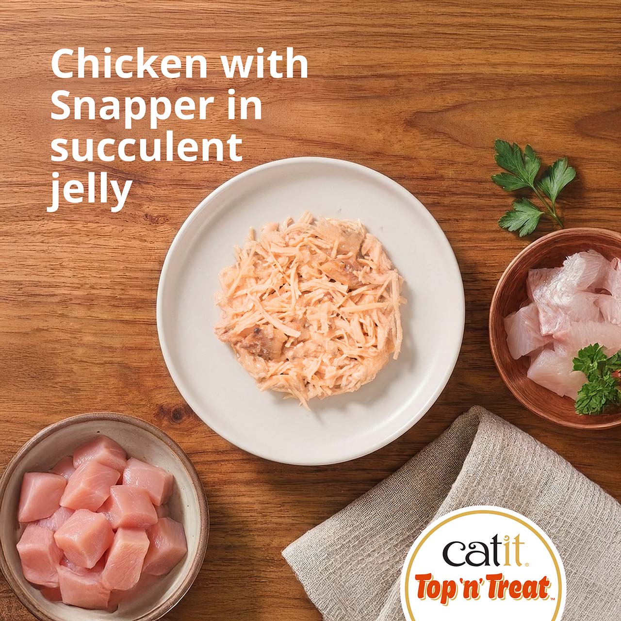 Top view of Top ‘n’ Treat Chicken with Snapper