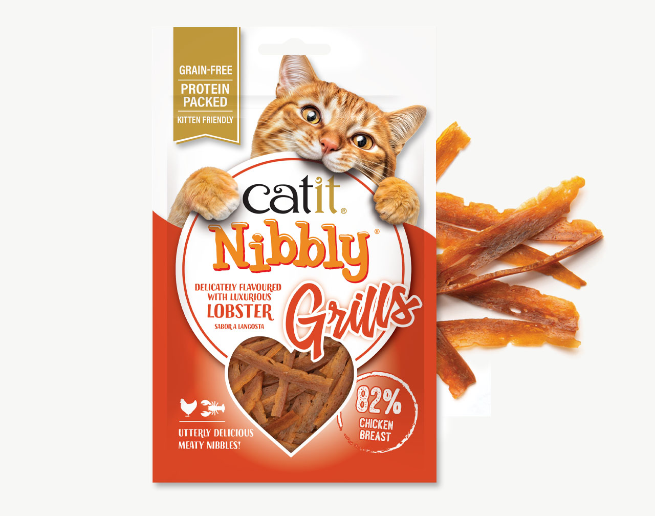 Catit Nibbly Grills Chicken with Lobster Flavour packaging with Nibbly treats laying on the right