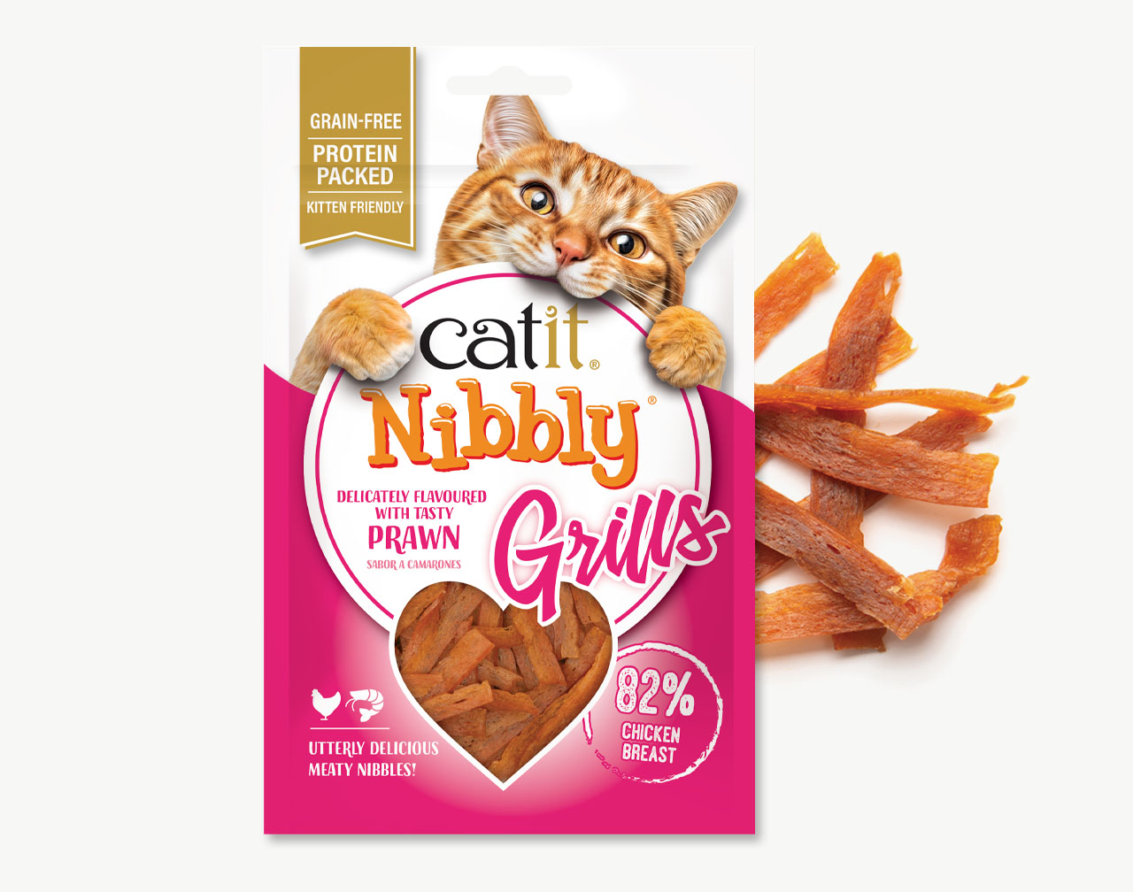 Catit Nibbly Grills Chicken with Shrimp Flavour packaging with Nibbly treats laying on the right