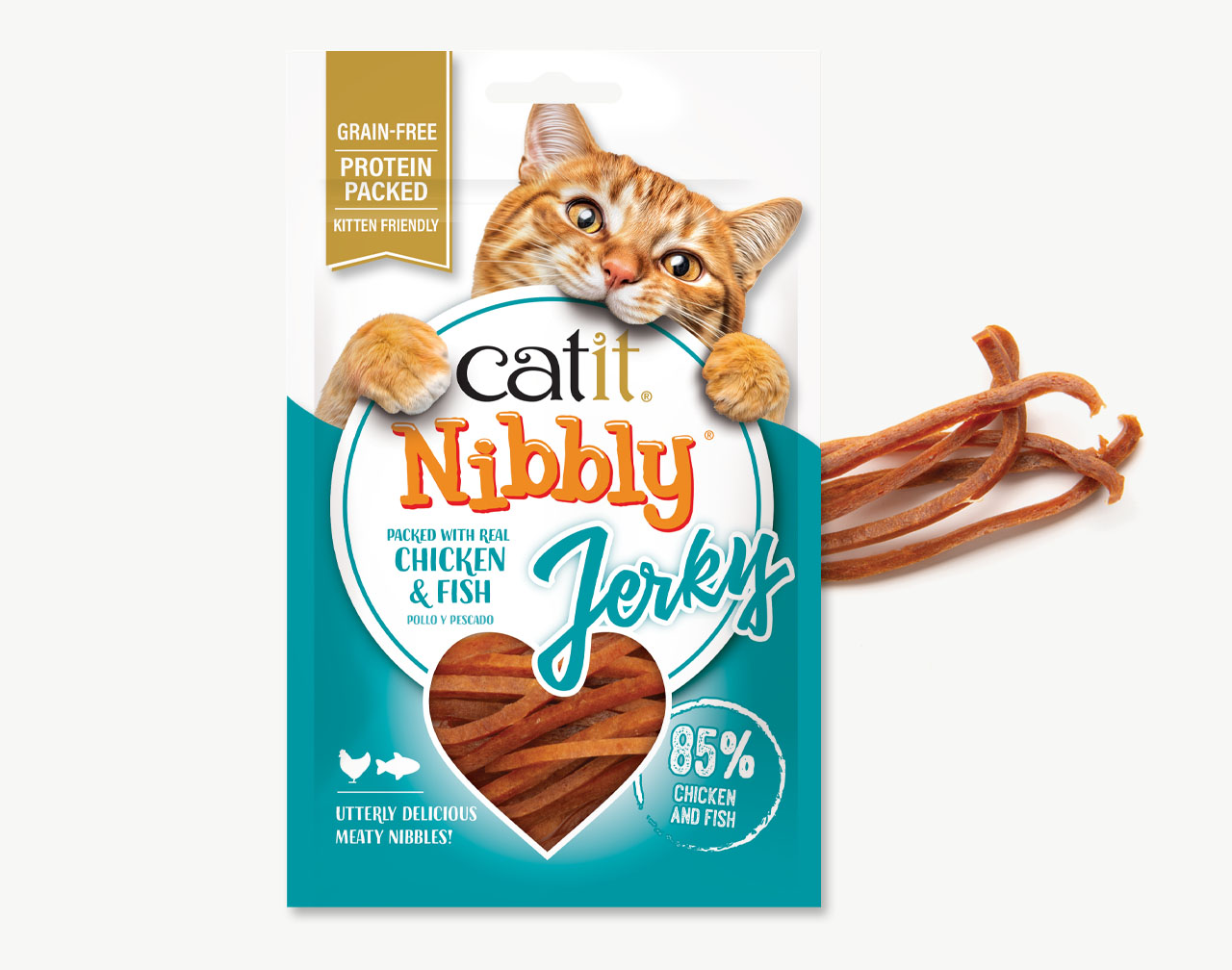 Catit Nibbly Jerky Chicken & Fish packaging with Nibbly treats laying on the right