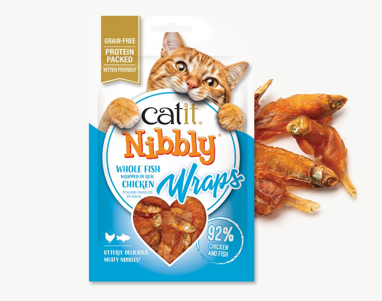 Catit Nibbly wraps packaging with Nibbly treats laying on the right