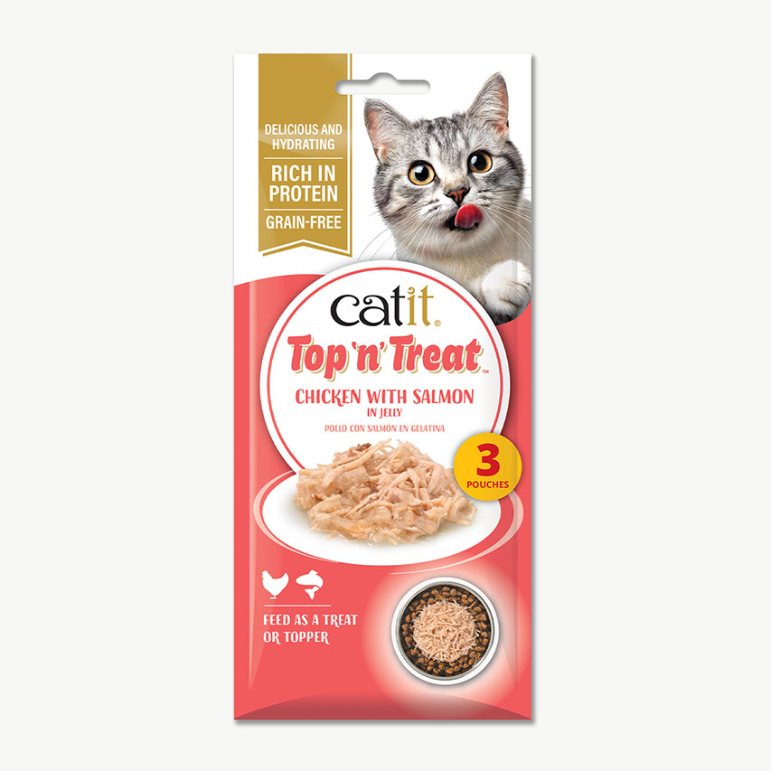 Catit Top 'n' Treat chicken with salmon in jelly cat treat packaging containing three pouches