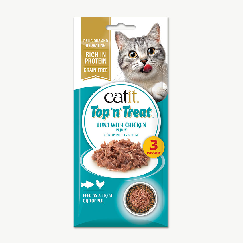 Catit Top n Treat tuna with chicken cat treat packaging containing three pouches