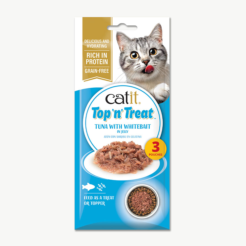 Catit Top n Treat tuna with whitebait in jelly cat treat packaging containing three pouches