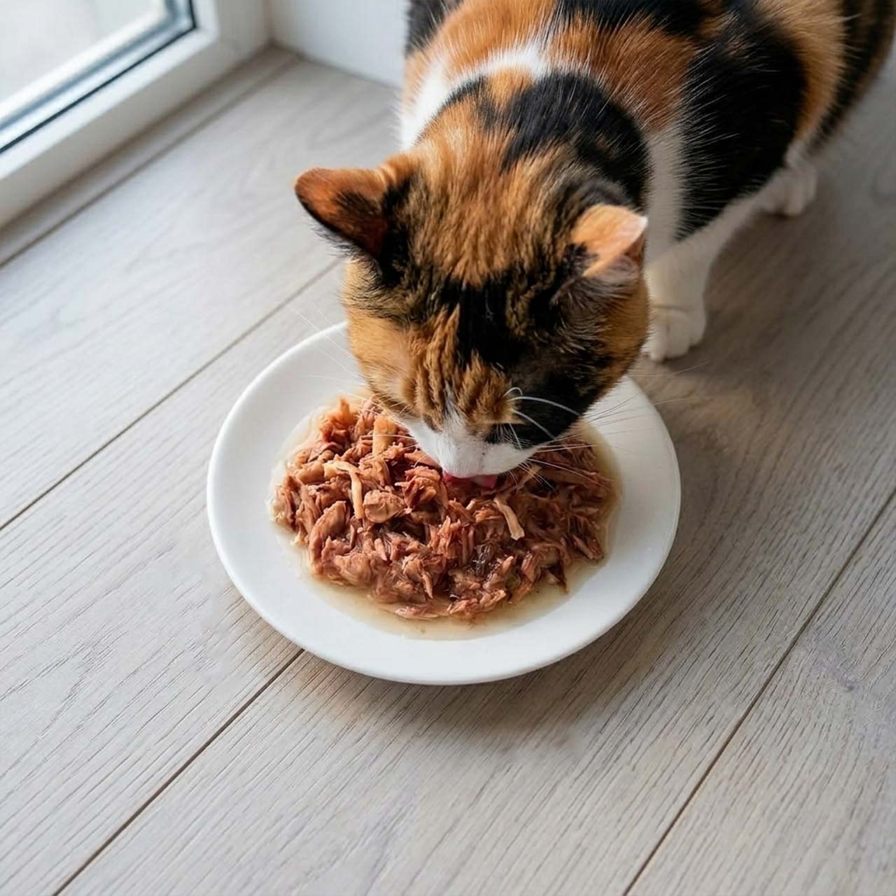 A calico cat eating wet food from a white plate on a wooden floor