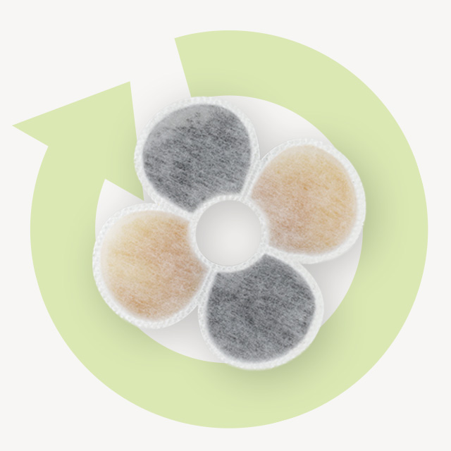 Catit flower fountain replacement filter with two grey and two beige circular filter pads arranged in a flower shape