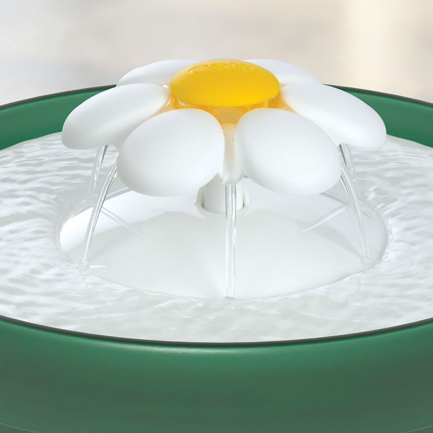 Catit flower water fountain with a yellow center and white petals flowing into a green basin