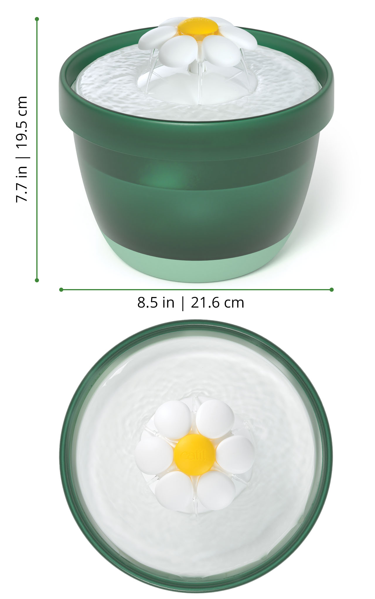 Catit flower water fountain for cats shown from side and top views with dimensions of 7.7 inches high and 8.5 inches wide