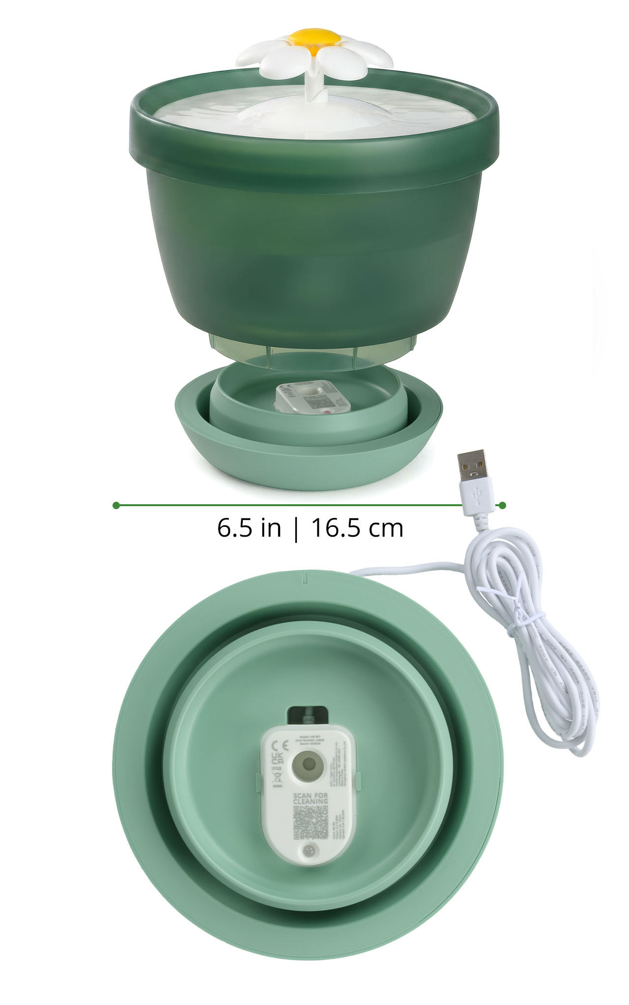 Catit PIXI flower fountain shown in two parts with a USB power cord and a 6.5 inch or 16.5 cm diameter measurement