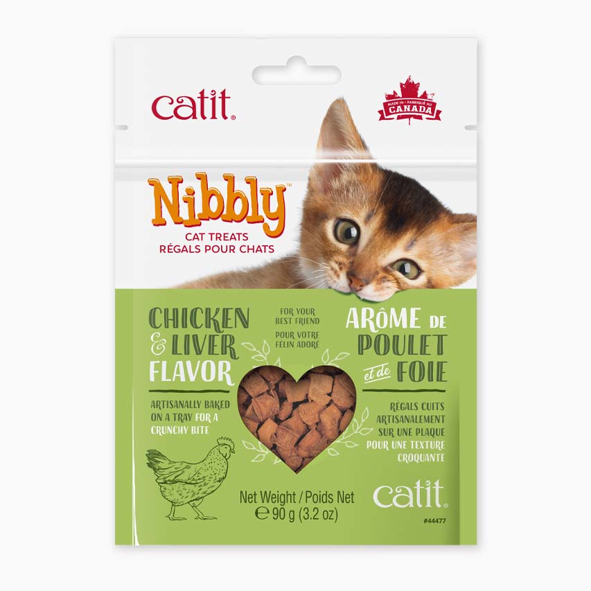 Catit Nibbly chicken and liver flavored cat treats in 90g packaging