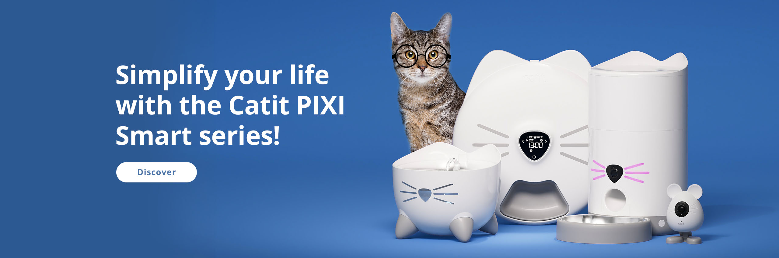 Catit smart PIXI products on blue background with cat in the back